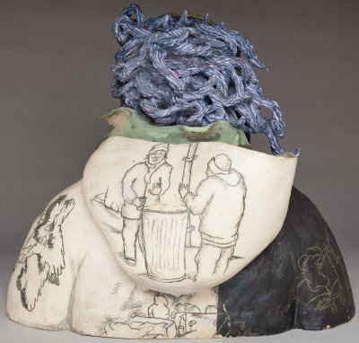rear view of ceramics sculpture of homeless man
